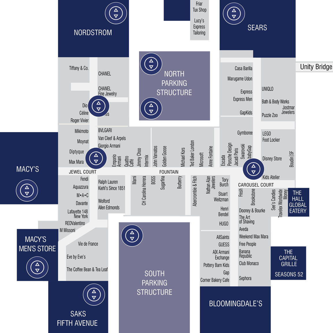 South Coast Plaza Map (Bridge) [Level 1] - Costa Mesa, CA - 'You