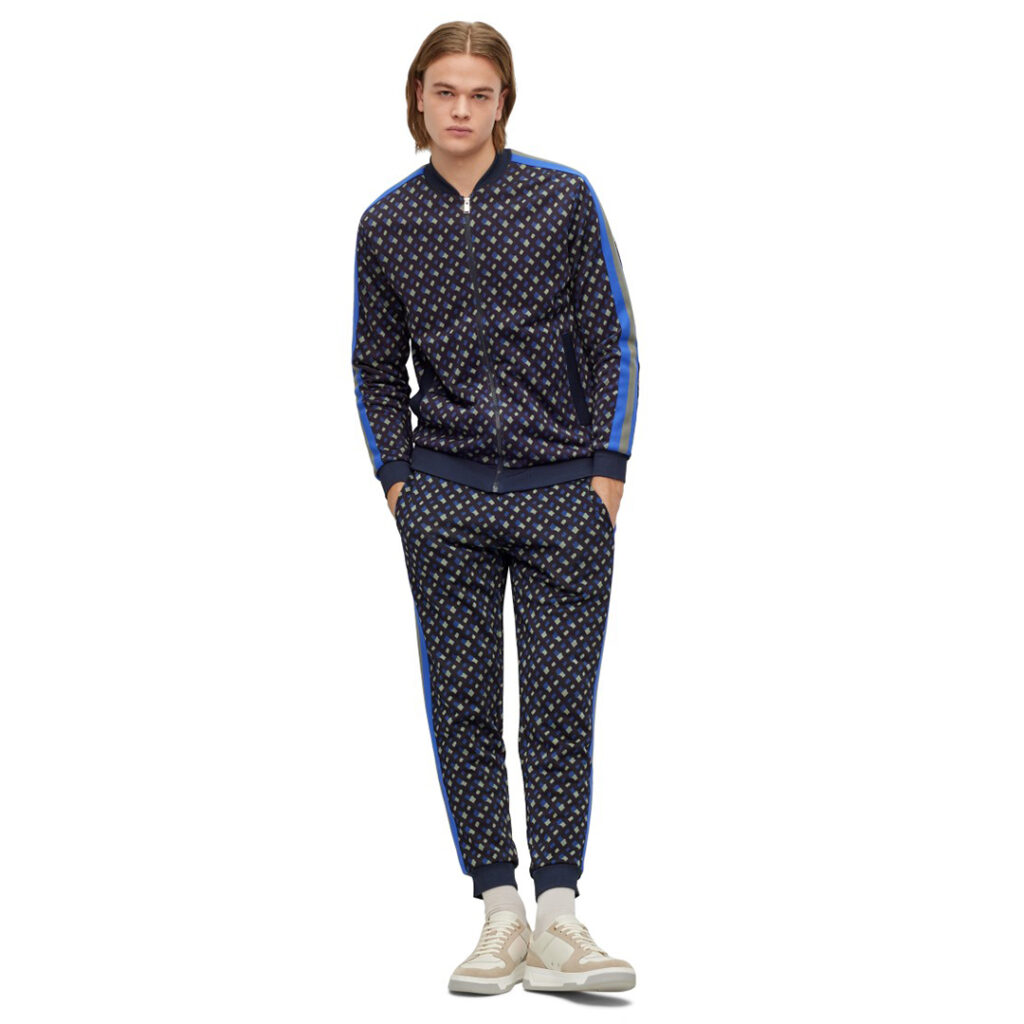 BOSS - Monogram-print tracksuit bottoms with signature-stripe tape