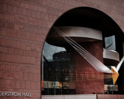 Richard Lippold’s 60-foot tall sculpture appears to be suspended in the air, integrated seamlessly in the interior and exterior of Segerstrom Hall, ready to soar. Lippold conceived of his works as objects in space, which he developed from a Constructivist model. He was devoted to pure geometry, seeing it as a metaphor of the universe and its philosophical mystique. Named after
Richard Lippold’s 60-foot tall sculpture appears to be suspended in the air, integrated seamlessly in the interior and exterior of Segerstrom Hall, ready to soar. Lippold conceived of his works as objects in space, which he developed from a Constructivist model. He was devoted to pure geometry, seeing it as a metaphor of the universe and its philosophical mystique. Named after Igor Stravinsky’s famous ballet, the sculpture is made of gold, silver and red aluminum and stainless steel.