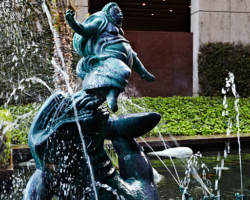 In this interpretation of the biblical story of the same name, Jonah looks surprised as he is ejected from the mouth of his captor. This sculpture is an example of Carl Milles’ mastery of motion using water and bronze. Water spews from the whale and surrounding fish, adding to the dynamic energy of the scene. This work is a rarity on the West Coast, as most of Milles’ sculptures are in the Midwest, East Coast and his native Sweden.